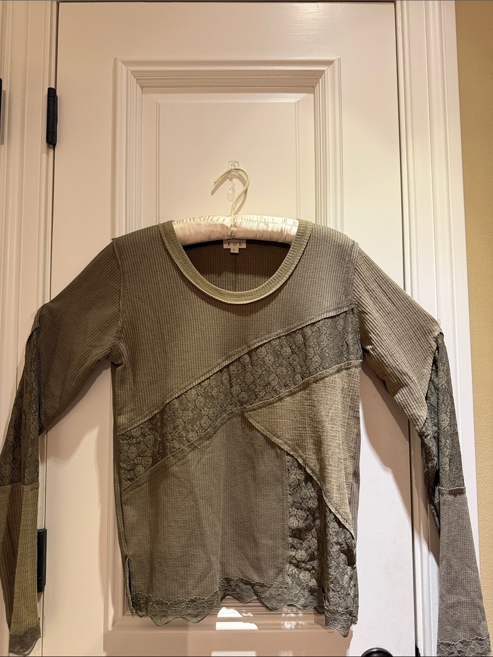POL Lace-Trim Khaki Olive Long Sleeve Women's Top-NWT-Size L